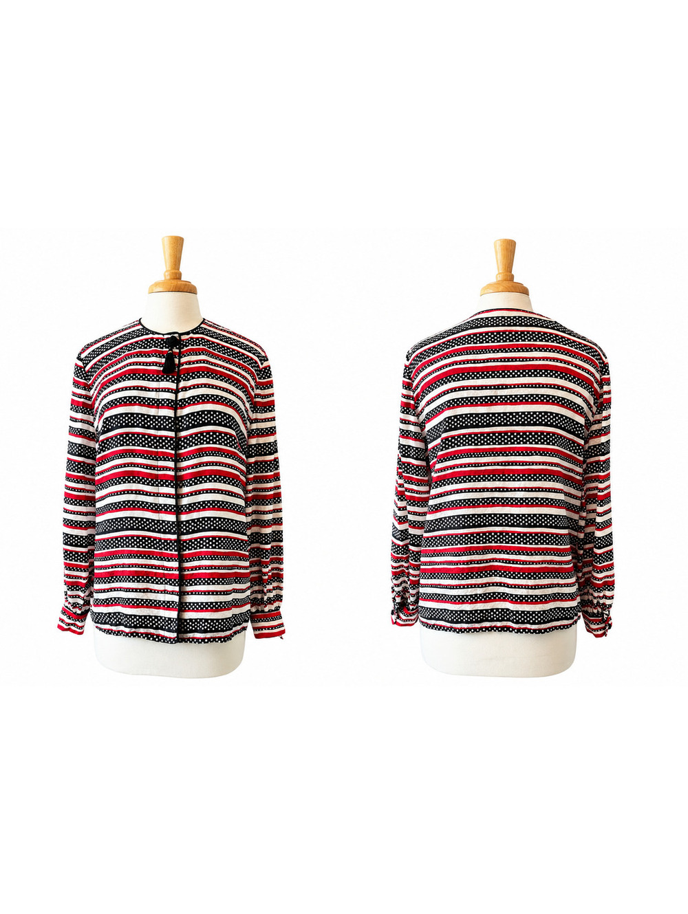Vintage Maggy London 100% Silk Blouse Jacket Size 8 Striped Polka Dot Tassel